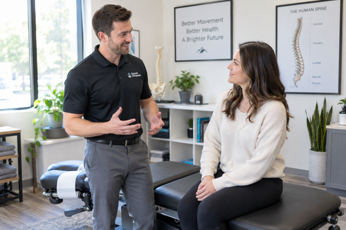 A chiropractor consulting with a female prospective patient in a bright clinic